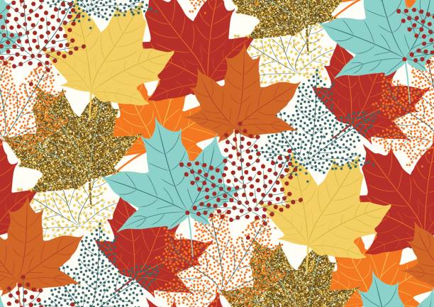 illustrations, cliparts, dessins animés et icônes de feuilles d’abstraite modèle sans couture automnale avec des volants de maple. - automne illustrations