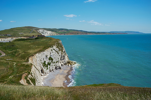 Rural landscape and cliffs on Tennyson Down on the Isle of Wight, off the south coast of the United Kingdom.