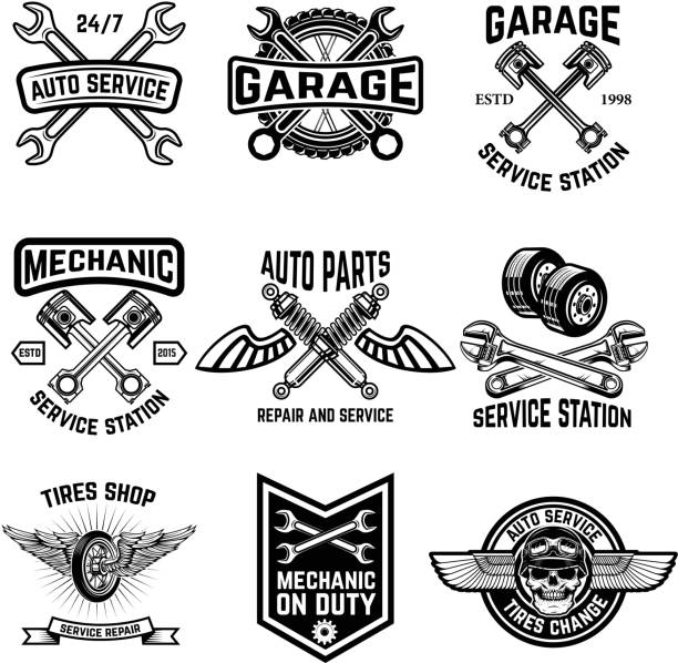 ilustraciones, imágenes clip art, dibujos animados e iconos de stock de conjunto de emblemas de auto servicio. tienda de neumáticos de piezas de automóviles estación de servicio mecánico de turno. elementos de diseño para la etiqueta, emblema, signo. ilustración de vector - cambio de aceite