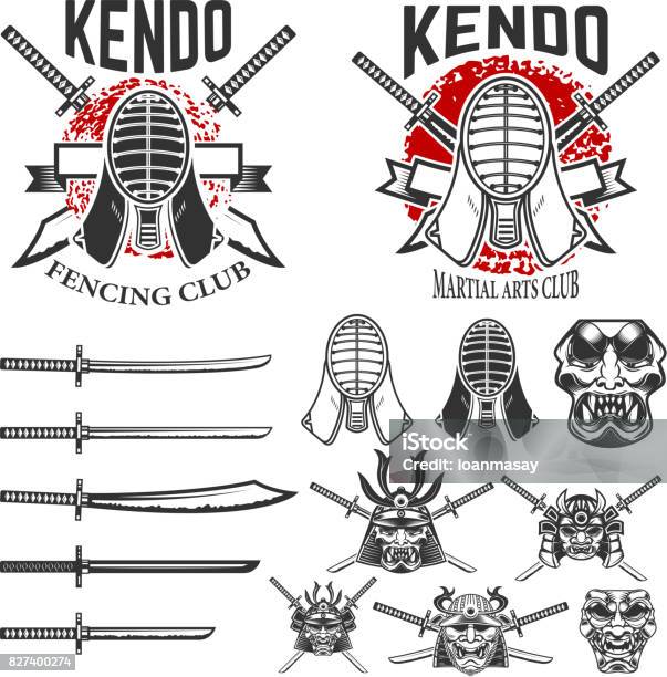 Set Of Japanese Fencing Martial Art Emblems Kendo Swords Protective Helmets Samurai Helmets And Swords Design Elements For Label Emblem Sign Vector Illustration Stock Illustration - Download Image Now