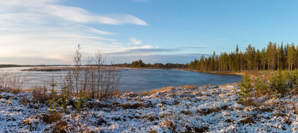 istock Morning panorama on the frozen lake 827400740