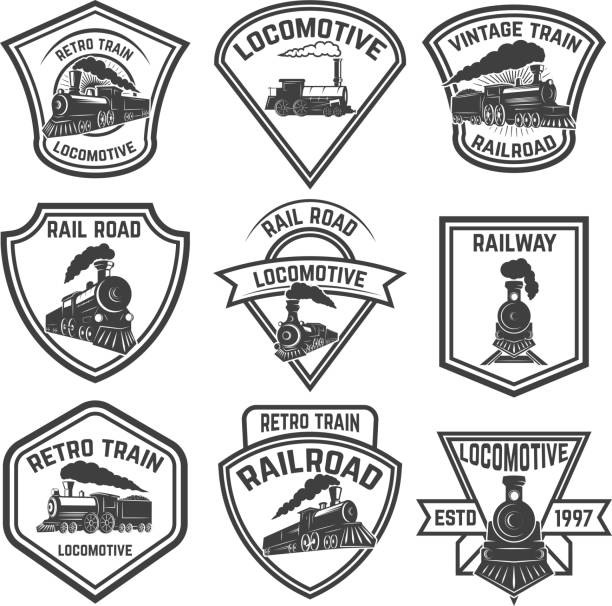 ilustrações de stock, clip art, desenhos animados e ícones de set of the emblems with vintage trains isolated on white background. design elements for label, emblem, sign, badge. vector illustration - railroad sign