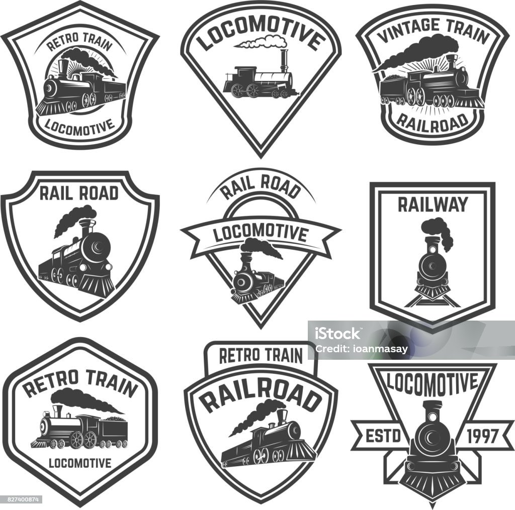 Set of the emblems with vintage trains isolated on white background. Design elements for label, emblem, sign, badge. Vector illustration Steam Train stock vector