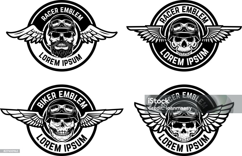 Racer emblems. Set of winged emblems with skulls. Design elements for biker club, racer community label, sign. Vector illustration Animal Wing stock vector