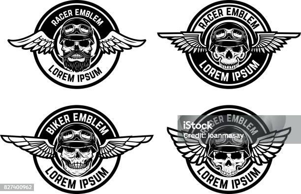 Racer Emblems Set Of Winged Emblems With Skulls Design Elements For Biker Club Racer Community Label Sign Vector Illustration Stock Illustration - Download Image Now