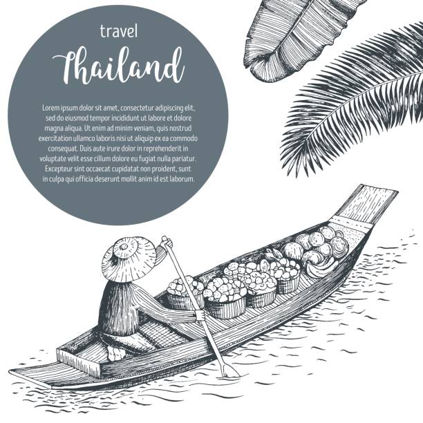 태국 여행 디자인입니다. 부동 시장입니다. 태국 포스터, 벡터 일러스트 레이 션입니다. - asia bangkok nautical vessel canal stock illustrations