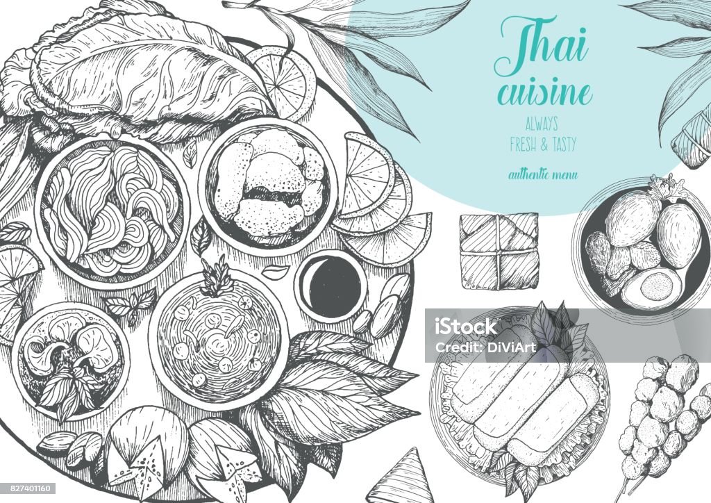 Fond de la cuisine asiatique. Affiche de la cuisine asiatique. Restaurant de cuisine thaïlandaise de menu. Menu de cuisine thaïlandaise de croquis. Illustration vectorielle - clipart vectoriel de Banane - Fruit exotique libre de droits