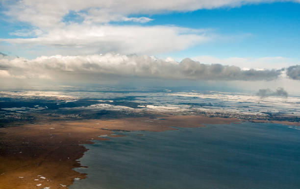 lake neusiedl winter aerial view, austria, close to vienna. - austria vienna map horizontal imagens e fotografias de stock