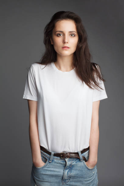 young female model in white t-shirt