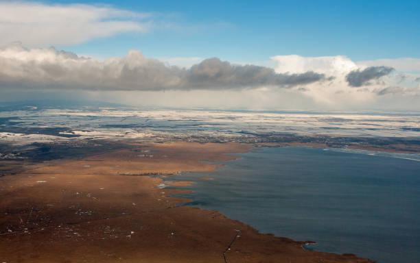 lake neusiedl winter aerial view, austria, close to vienna. - austria vienna map horizontal imagens e fotografias de stock