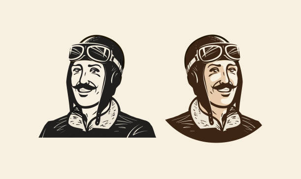 Portrait of smiling pilot or racer. Vintage vector illustration