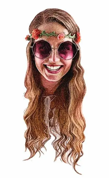 Vector illustration of Smiling, happy Boho hippie young woman. Head only.