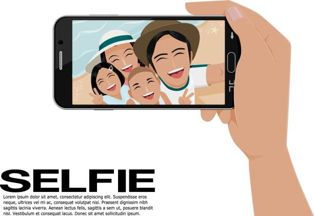 selfie Happy  family is taking photograph on the beach moving activity photos stock illustrations