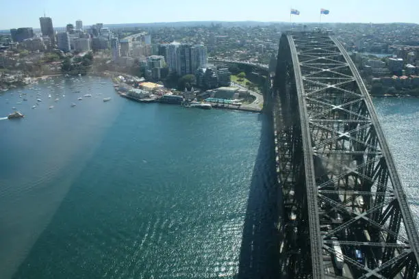 An aerial view of the Sydney Harbour Bridge taken from a helicopter flying overhead in Sydney Australia.