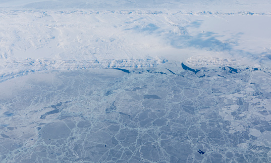 Aerial view of the ice sheet landscape over the Arctic.
