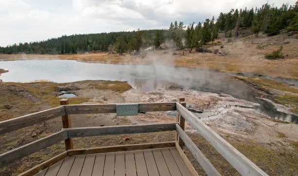 Artesia Geyser next to Firehole Lake in the Lower Geyser Basin in Yellowstone National Park in Wyoming United States