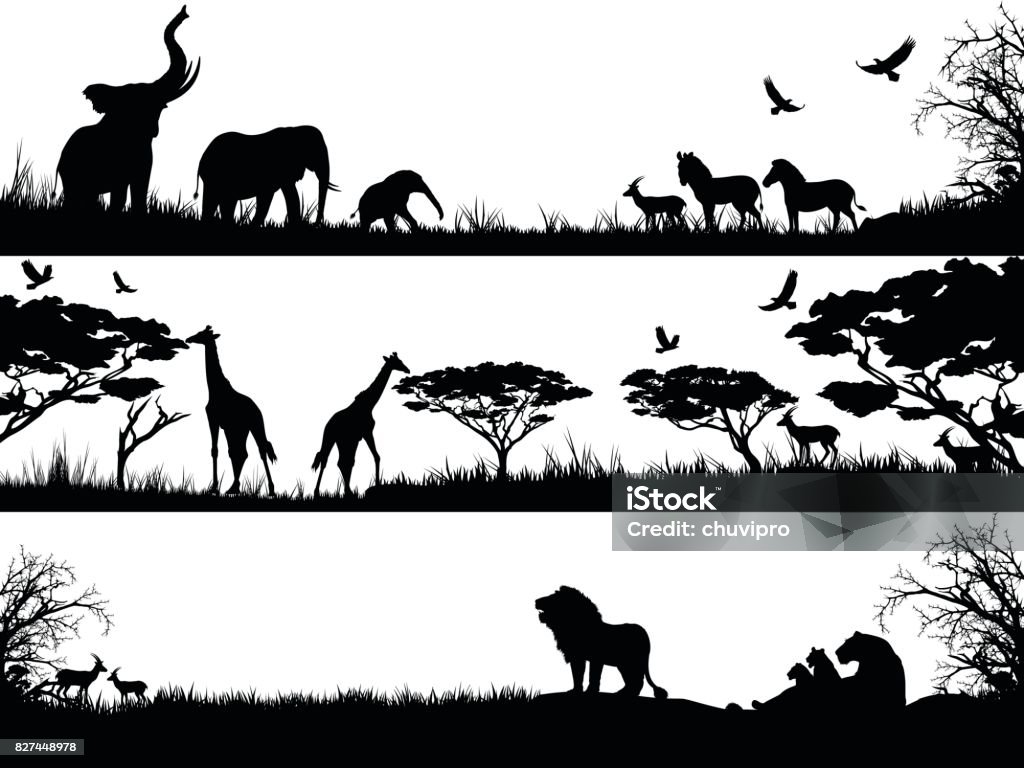 Silhouettes set of African wild animals in nature habitats Silhouettes set of African wild animals in nature habitats. In Silhouette stock vector