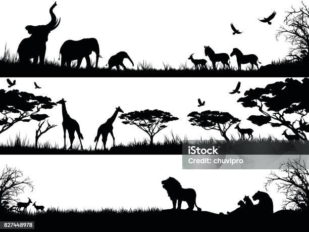 Silhouettes Set Of African Wild Animals In Nature Habitats Stock Illustration - Download Image Now