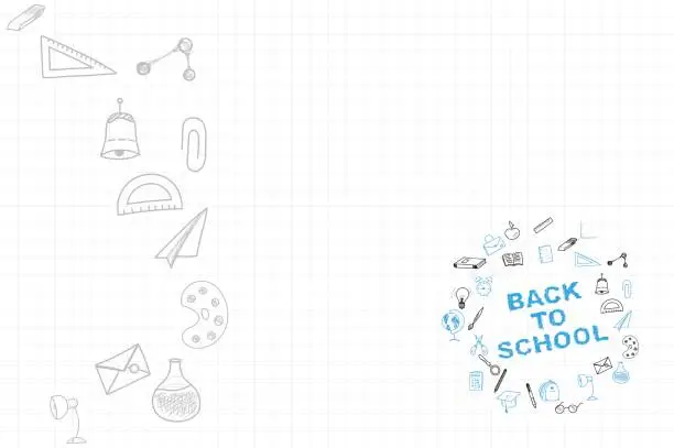 Vector illustration of Template on a theme back to school with a sheet in a box. A set of drawing vector elements for education with endolar accessories. Vector illustration.