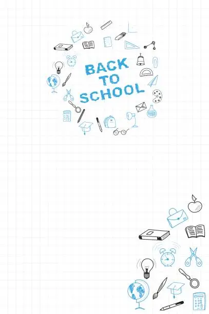 Vector illustration of Template on a theme back to school with a sheet in a box. A set of drawing vector elements for education with endolar accessories. Vector illustration.