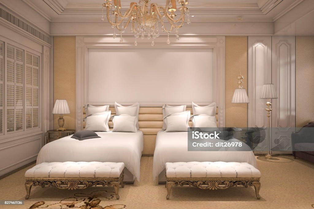 3d rendering luxury modern bedroom suite in hotel with golden decor 3d rendering interior and exterior design by myself Apartment Stock Photo