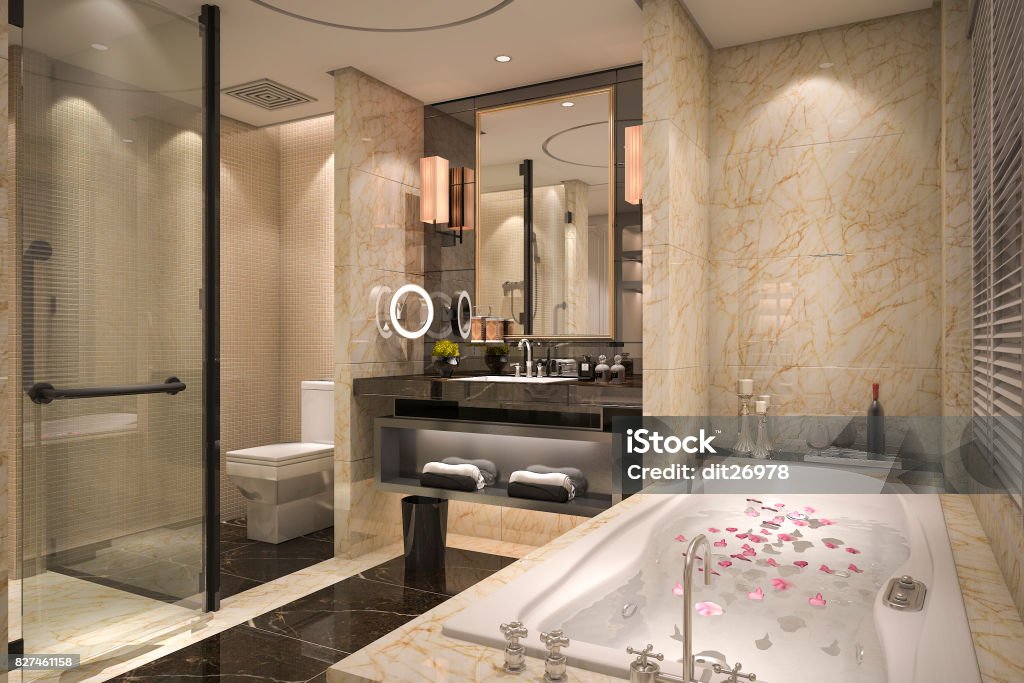 3d rendering modern and classic loft bathroom with luxury tile decor 3d rendering interior and exterior design by myself Bathroom Stock Photo