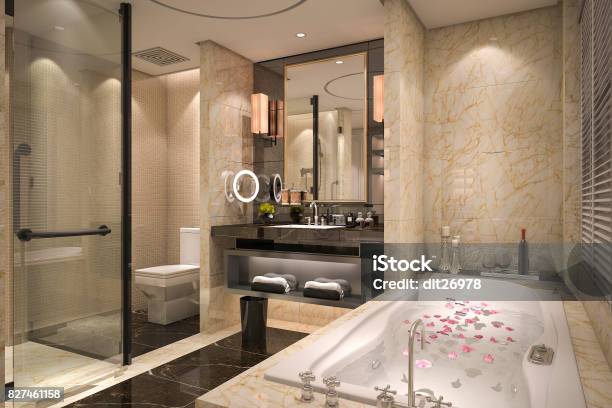 3d Rendering Modern And Classic Loft Bathroom With Luxury Tile Decor Stock Photo - Download Image Now