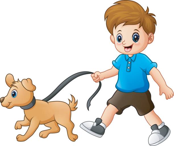 kleiner junge mit seinem hund spazieren - dog walking child little boys stock-grafiken, -clipart, -cartoons und -symbole