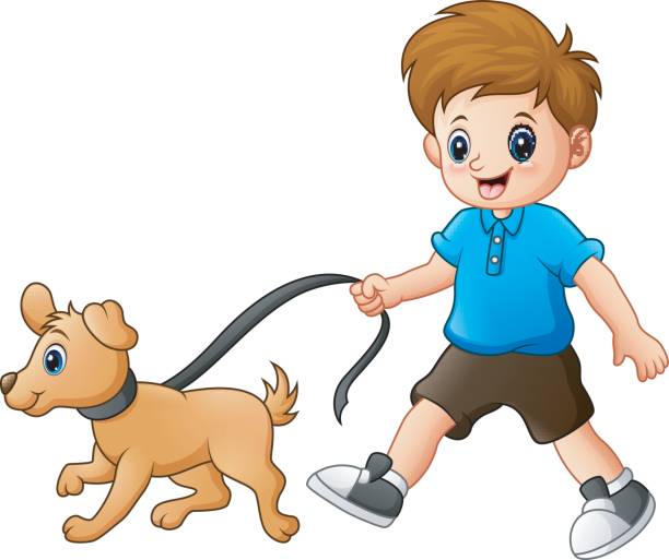 маленький мальчик гуляет со своей собакой - dog walking child little boys stock illustrations