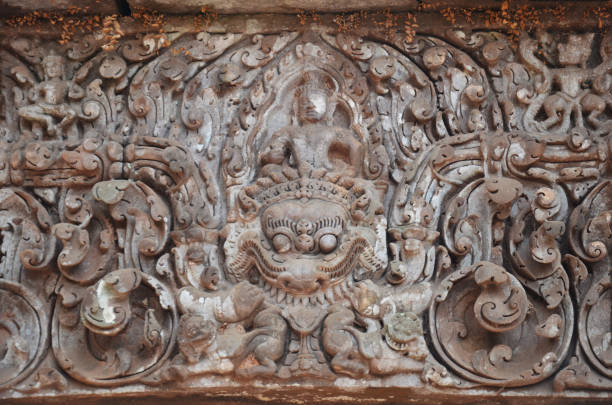Vat Phou or Wat Phu of UNESCO World Heritage Site in Pakse, Champasak, Laos A lintel showing Vishnu on Garuda of Upper Level northeast wall of the sanctuary of Vat Phou or Wat Phu in UNESCO World Heritage Site at Pakse, Champasak, Laos. garuda and vishnu stock pictures, royalty-free photos & images