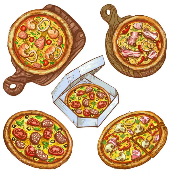 Vector illustration of Set of vector illustrations whole pizza and slice, pizza on a wooden board, pizza in a box for delivery.