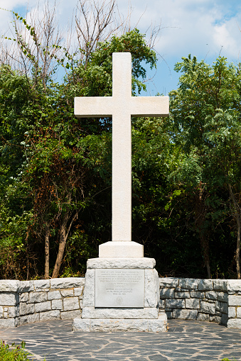 Virginia Beach, Virginia - July 11, 2017:  A cross and memorial marking the first landing site of English colonists in 1607, who later established a settlement in Jamestown, Virginia.