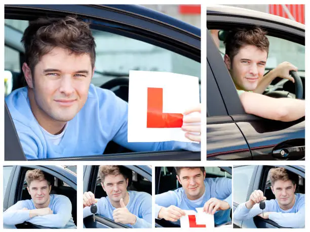 Happy teenage boy showing holding a modern car key and a learner plate while sitting behind the wheel