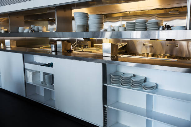 istock Professional kitchen, view counter in steel 827483378