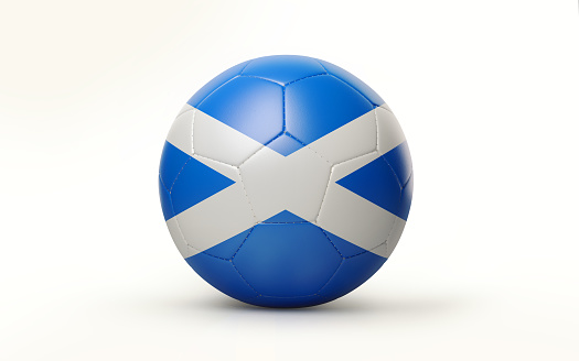 Photorealistic 3d render of a soccer ball textured with Scottish flag on white background. Soccer ball is lit by the upper left corner of the composition and casting shadows. Horizontal composition with copy space. Clipping path is included. Great use for World Cup 2018 and football play offs related news and concepts.