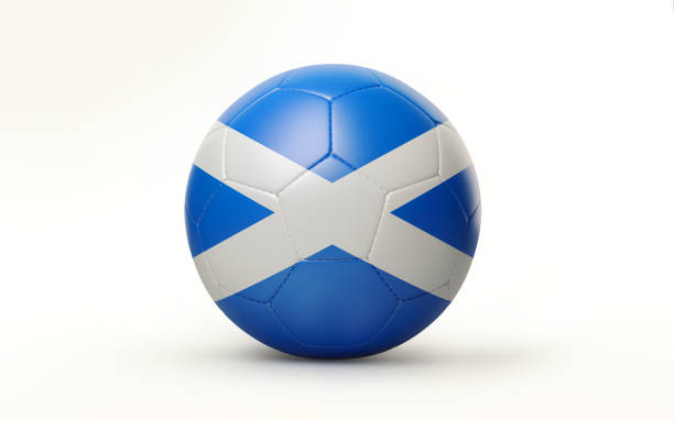 Soccer Ball Textured with Scottish Flag on White Background Photorealistic 3d render of a soccer ball textured with Scottish flag on white background. Soccer ball is lit by the upper left corner of the composition and casting shadows. Horizontal composition with copy space. Clipping path is included. Great use for World Cup 2018 and football play offs related news and concepts. scotland football team stock pictures, royalty-free photos & images
