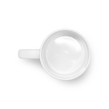 Blank coffee mug isolated on white background. Template of drink cup for your design. ( Clipping paths or cut out object for montage ) Can put text, image, and logo. Top view.