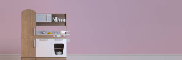 istock Panorama children kitchen design interior play set with accessories. 827499840