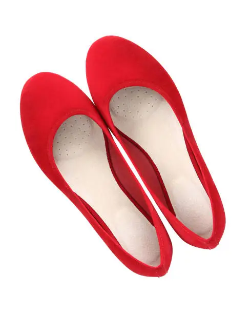 Red classic suede comfortable summer ballerina shoes top view isolated white
