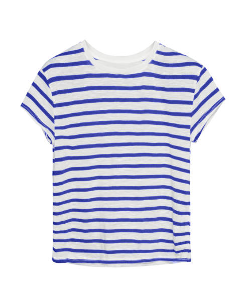 blue and white stripped sailor style t shirt isolated - stripped shirt imagens e fotografias de stock