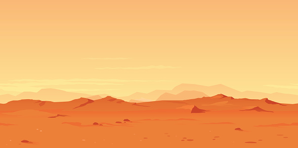 Martian orange landscape background tileable horizontally, sand hills with stones on a deserted planet