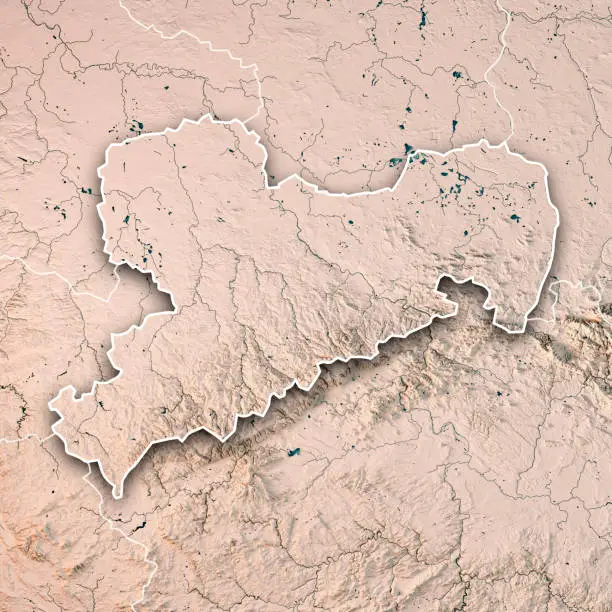 3D Render of a Topographic Map of the State of Sachsen, Germany.
All source data is in the public domain.
Boundaries Level 1: Made with Natural Earth.
http://www.naturalearthdata.com/downloads/10m-cultural-vectors/
Boundaries Level 0: Humanitarian Information Unit HIU, U.S. Department of State (database: LSIB)
http://geonode.state.gov/layers/geonode%3ALSIB7a_Gen
Relief texture and Rivers: SRTM data courtesy of USGS. URL of source image: 
https://e4ftl01.cr.usgs.gov//MODV6_Dal_D/SRTM/SRTMGL1.003/2000.02.11/
Water texture: SRTM Water Body SWDB:
https://dds.cr.usgs.gov/srtm/version2_1/SWBD/