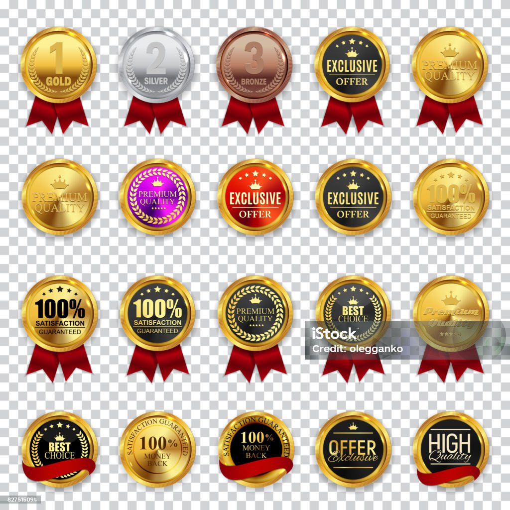 Big Collection Set of Champion, High Quality, Best Choice and Of Big Collection Set of Champion, High Quality, Best Choice and Offer Business Gold Medal  Icon Sign  Isolated on Transparent Background. Vector Illustration EPS10 Number 1 stock vector