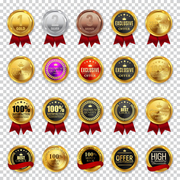 Big Collection Set of Champion, High Quality, Best Choice and Of Big Collection Set of Champion, High Quality, Best Choice and Offer Business Gold Medal  Icon Sign  Isolated on Transparent Background. Vector Illustration EPS10 label sale seal stamper badge stock illustrations