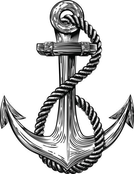 Anchor Vintage Woodcut Style An original illustration of a ships anchor and rope in a vintage woodcut woodblock style anchor chain stock illustrations