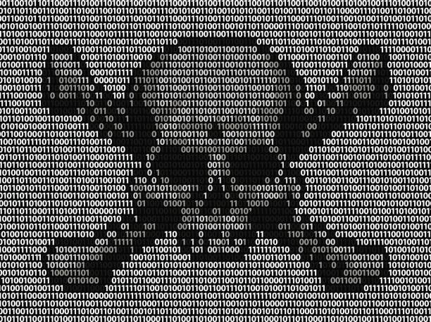 Binary Code Skull and Crossbones Skull and crossed bones danger or piracy sign made up of binary ones and zeros machine code. Concept for online piracy, hacking, internet fraud or similar threats. pirate criminal stock illustrations