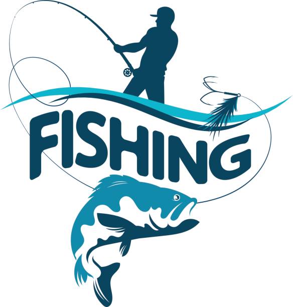 Fisherman draws fish silhouette Fisherman with a fishing rod pulls a fish silhouette vector fishing illustrations stock illustrations