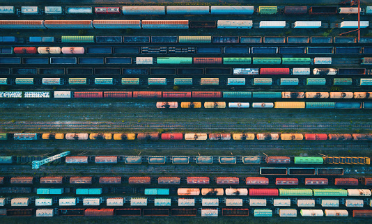 Aerial view of colorful freight trains