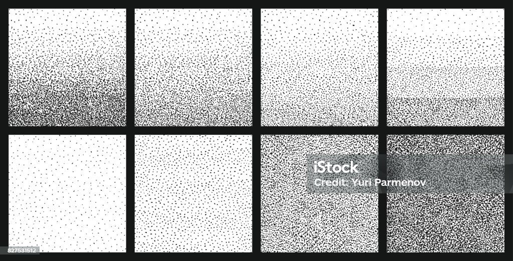 Halftone gradient with random dots. Abstract monochrome pointillist, speckled background set. Texture with randomly disposed spots. Vector illustration. Halftone gradient with random dots. Abstract monochrome pointillist, speckled background set. Texture with randomly disposed spots. Stipple Effect stock vector