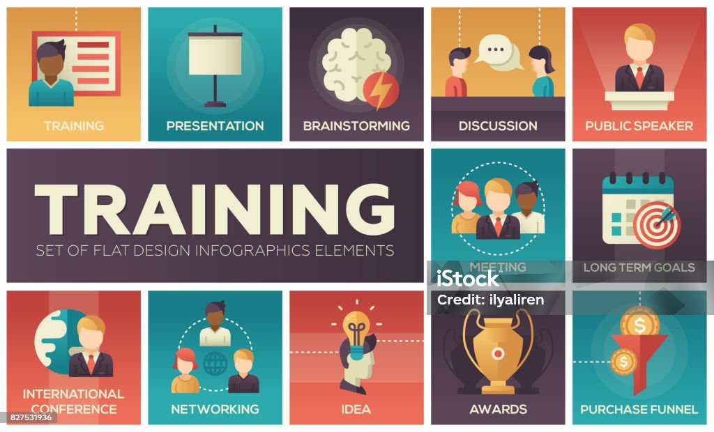 Business Training - flat design icons set Business training - modern vector flat design icons and pictograms set. Presentation, meeting, discussion, goals, conference, speaker, brainstorming, awards, idea, networking, purchase, funnel Education Training Class stock vector